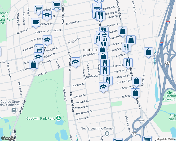 map of restaurants, bars, coffee shops, grocery stores, and more near 16 Baldwin Street in Hartford