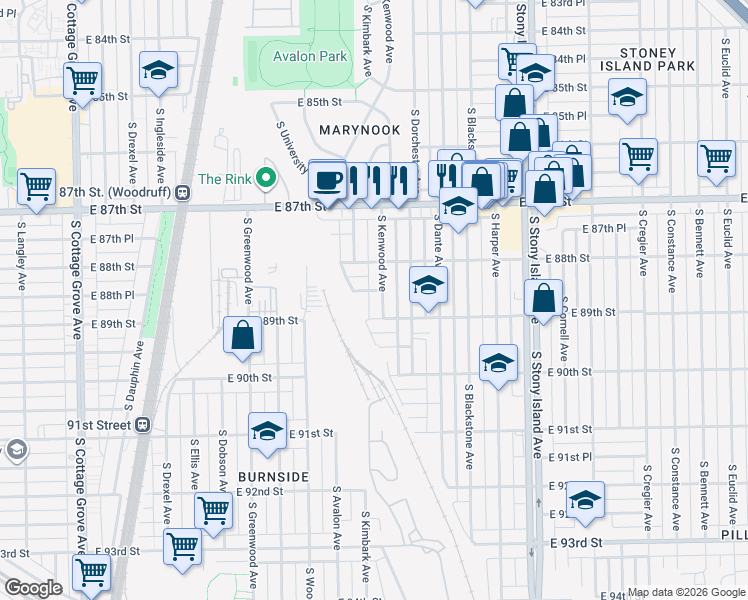 map of restaurants, bars, coffee shops, grocery stores, and more near 1318 East 88th Place in Chicago