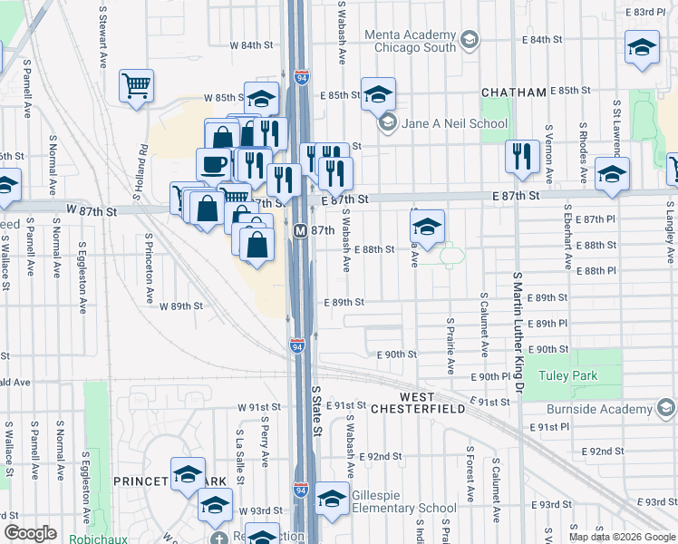 map of restaurants, bars, coffee shops, grocery stores, and more near 8801 South Wabash Avenue in Chicago