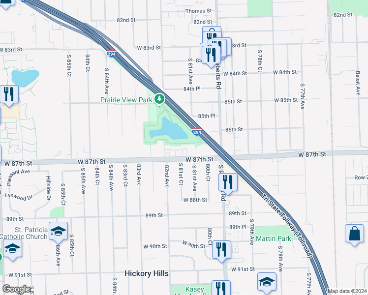 map of restaurants, bars, coffee shops, grocery stores, and more near 8122 West 87th Street in Hickory Hills
