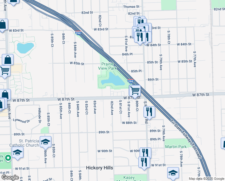 map of restaurants, bars, coffee shops, grocery stores, and more near 8540 South 82nd Court in Hickory Hills