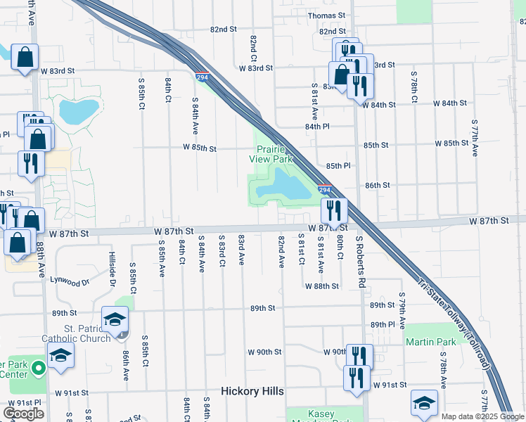 map of restaurants, bars, coffee shops, grocery stores, and more near 8524 South 82nd Court in Hickory Hills