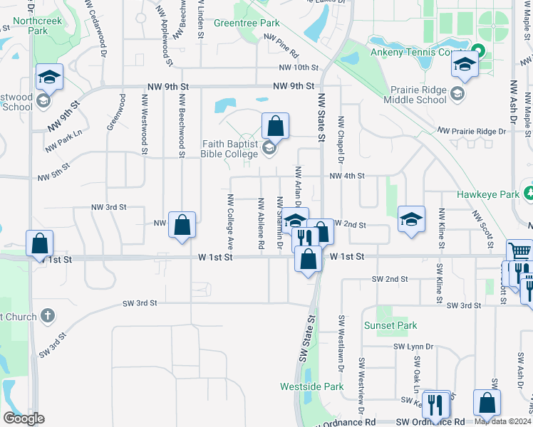 map of restaurants, bars, coffee shops, grocery stores, and more near 1906 Northwest 3rd Street in Ankeny