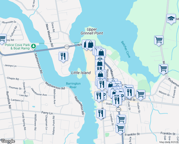 map of restaurants, bars, coffee shops, grocery stores, and more near 99 Water Street in Warren