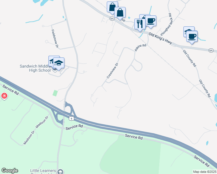 map of restaurants, bars, coffee shops, grocery stores, and more near 44 Crestview Drive in Sandwich