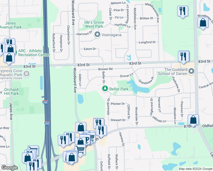 map of restaurants, bars, coffee shops, grocery stores, and more near 8439 Beller Drive in Darien