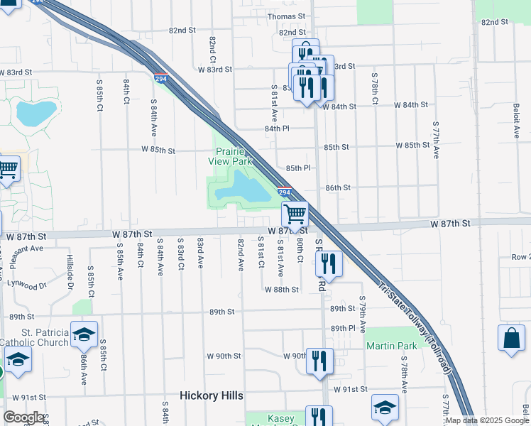 map of restaurants, bars, coffee shops, grocery stores, and more near 8122 West 87th Street in Hickory Hills