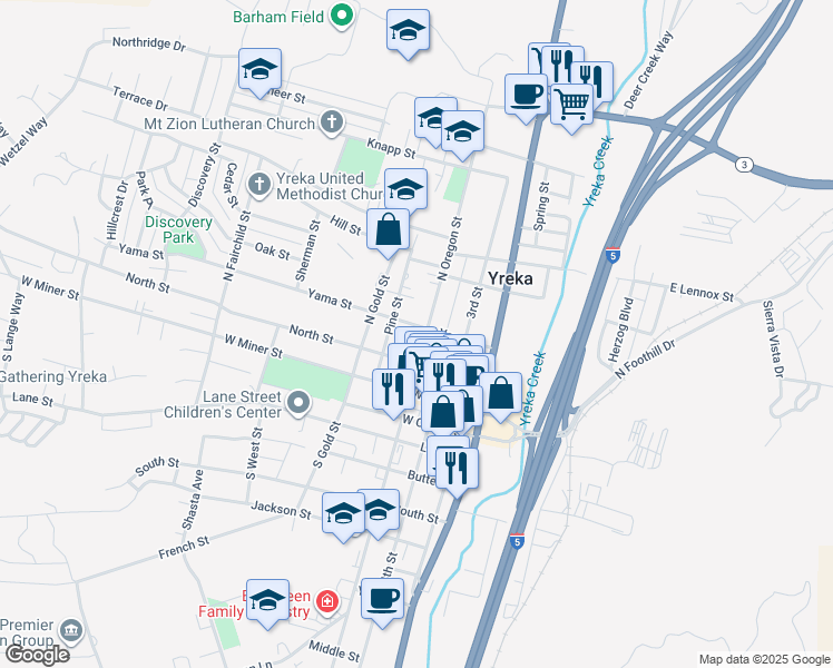 map of restaurants, bars, coffee shops, grocery stores, and more near 223 North Oregon Street in Yreka