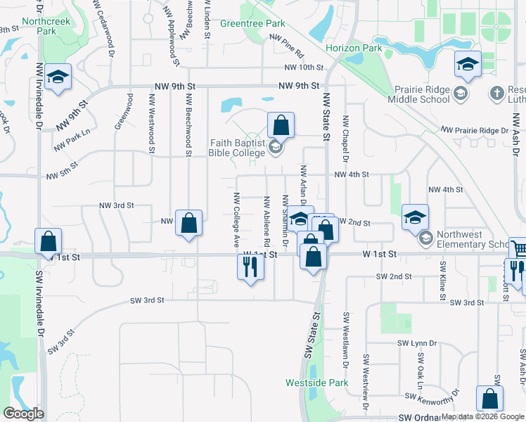 map of restaurants, bars, coffee shops, grocery stores, and more near 220 Northwest Abilene Road in Ankeny