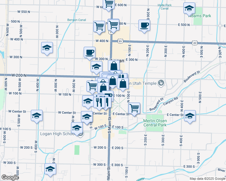 map of restaurants, bars, coffee shops, grocery stores, and more near 25 Federal Avenue in Logan