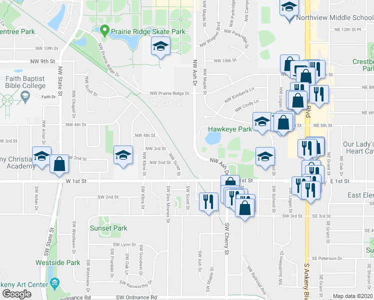 map of restaurants, bars, coffee shops, grocery stores, and more near 430 Northwest Ash Drive in Ankeny