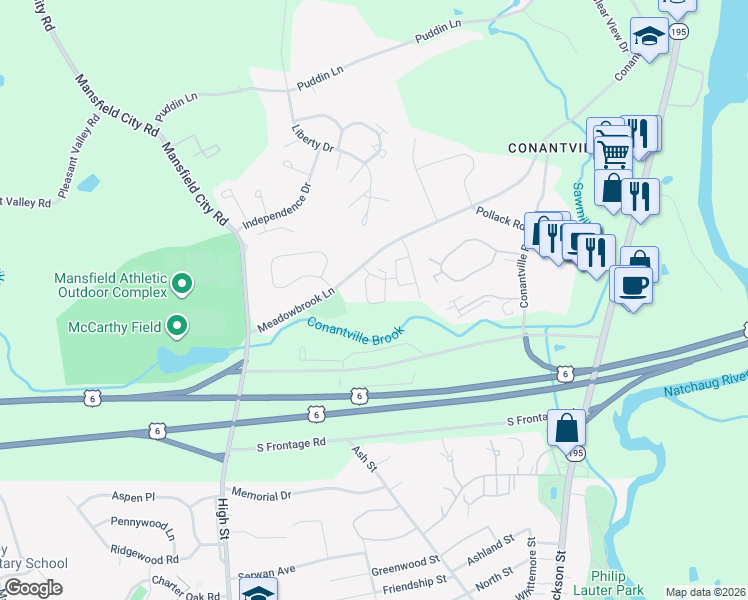 map of restaurants, bars, coffee shops, grocery stores, and more near 91 Meadowbrook Lane in Mansfield