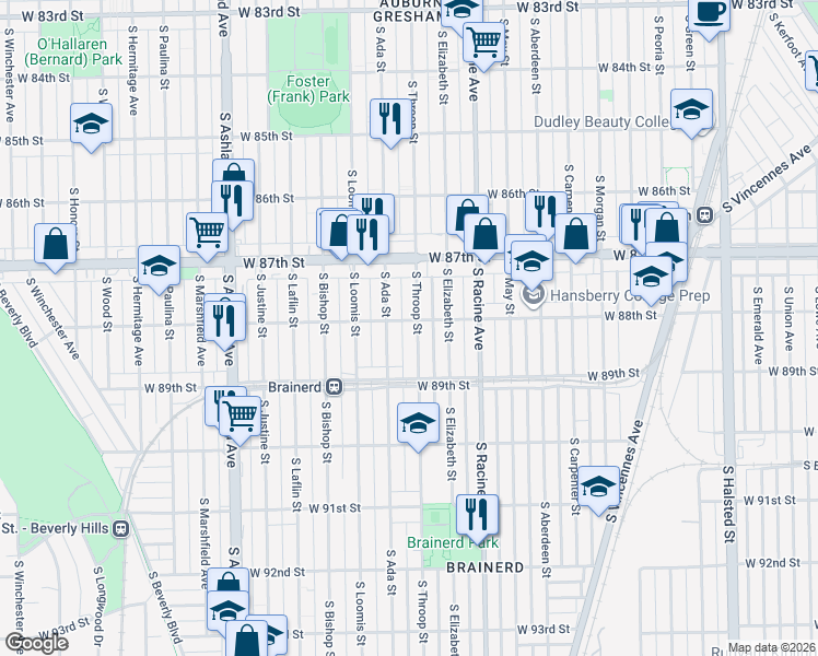 map of restaurants, bars, coffee shops, grocery stores, and more near 8751 South Throop Street in Chicago