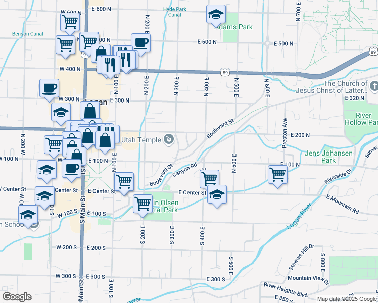 map of restaurants, bars, coffee shops, grocery stores, and more near 341 Boulevard in Logan