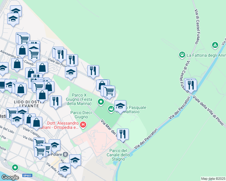 map of restaurants, bars, coffee shops, grocery stores, and more near 446 Viale dei Promontori in Lido di Ostia