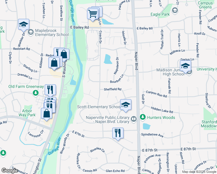 map of restaurants, bars, coffee shops, grocery stores, and more near 479 Sheffield Road in Naperville