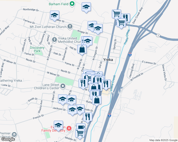 map of restaurants, bars, coffee shops, grocery stores, and more near 223 North Oregon Street in Yreka