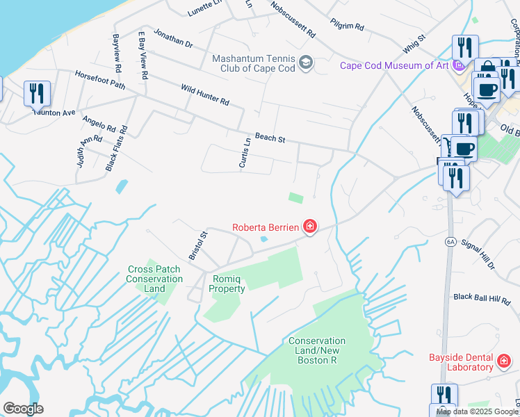 map of restaurants, bars, coffee shops, grocery stores, and more near 116 New Boston Road in Dennis