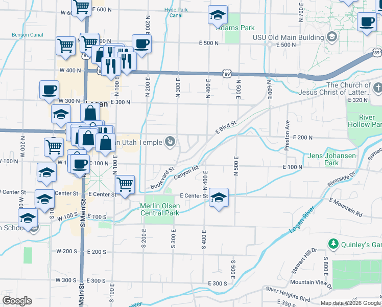 map of restaurants, bars, coffee shops, grocery stores, and more near 341 Boulevard in Logan