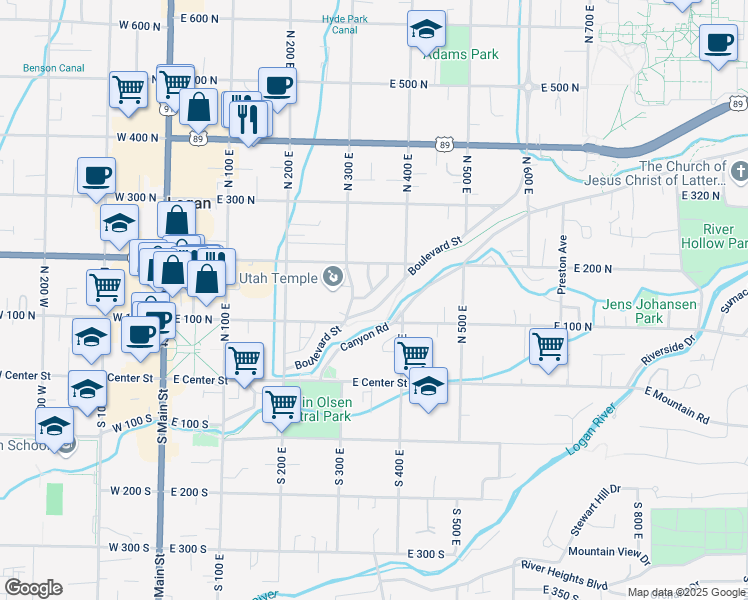 map of restaurants, bars, coffee shops, grocery stores, and more near 341 Boulevard in Logan