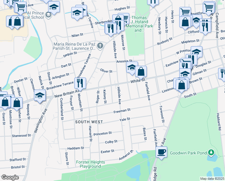 map of restaurants, bars, coffee shops, grocery stores, and more near 56 Humphrey Street in Hartford