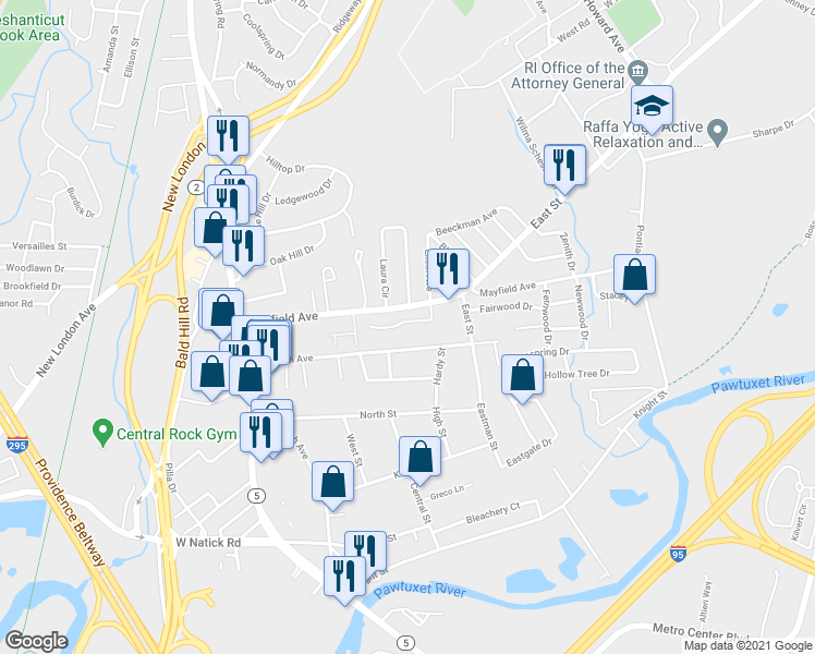 map of restaurants, bars, coffee shops, grocery stores, and more near 206 Mayfield Avenue in Cranston