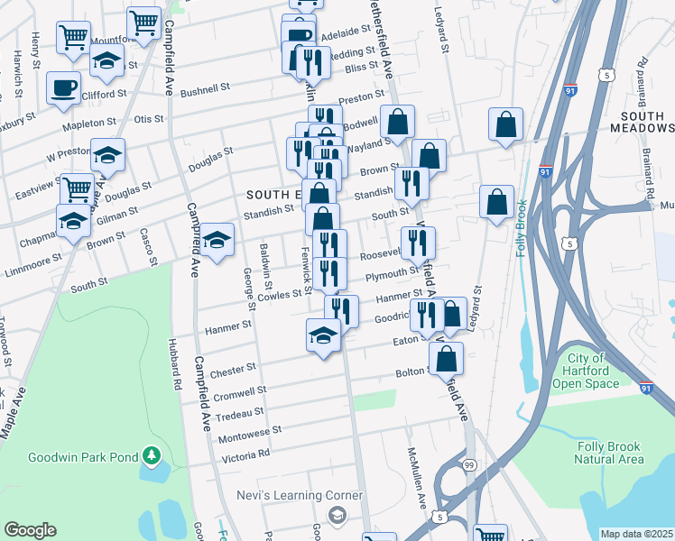 map of restaurants, bars, coffee shops, grocery stores, and more near 523 Franklin Avenue in Hartford