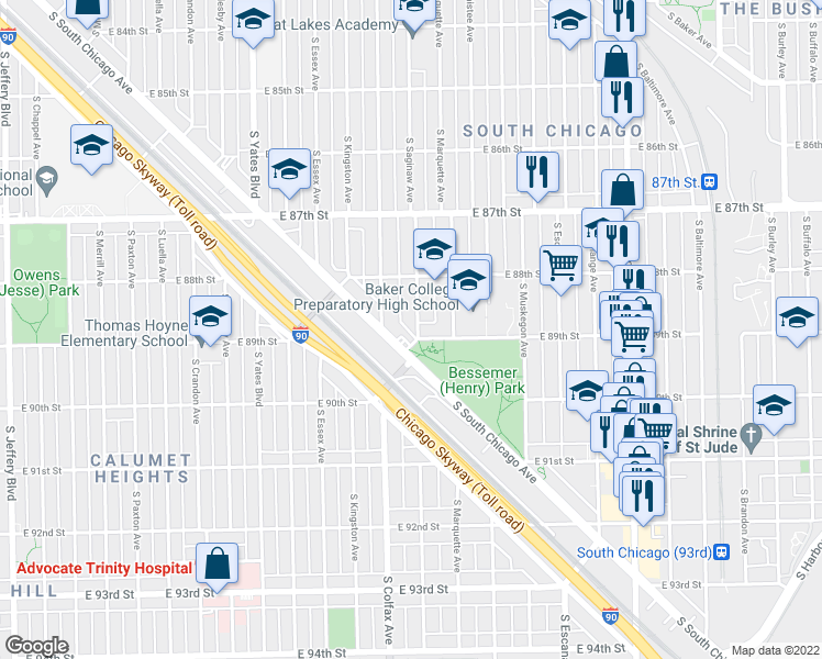 map of restaurants, bars, coffee shops, grocery stores, and more near 8829 South Saginaw Avenue in Chicago