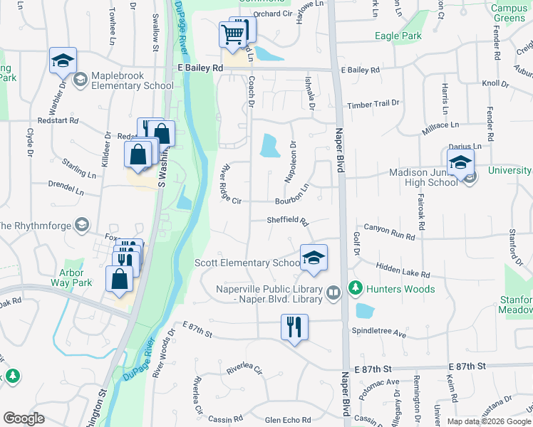 map of restaurants, bars, coffee shops, grocery stores, and more near 1740 Chalmette Court in Naperville