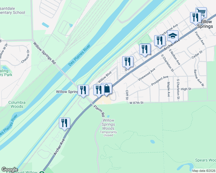 map of restaurants, bars, coffee shops, grocery stores, and more near 1800 Sherwood Drive in Willow Springs