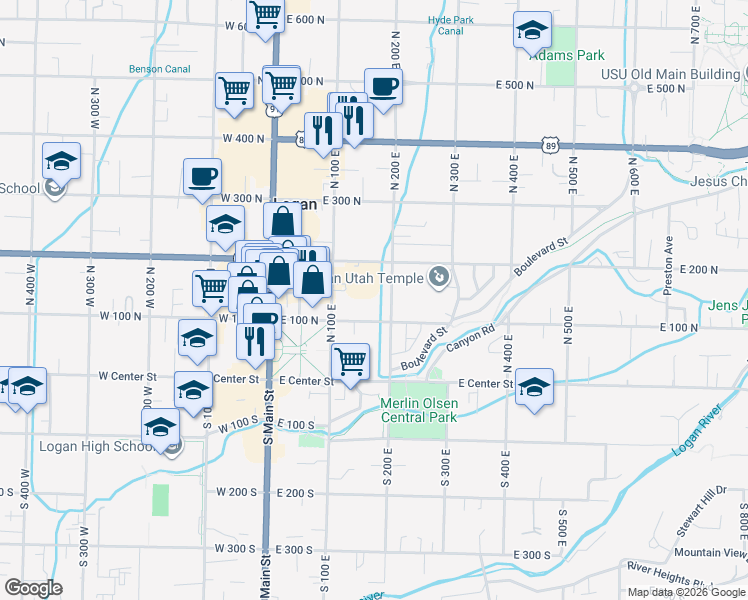 map of restaurants, bars, coffee shops, grocery stores, and more near 150 East 200 North in Logan