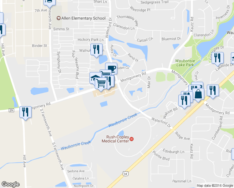 map of restaurants, bars, coffee shops, grocery stores, and more near 1181 Waterford Drive in Aurora
