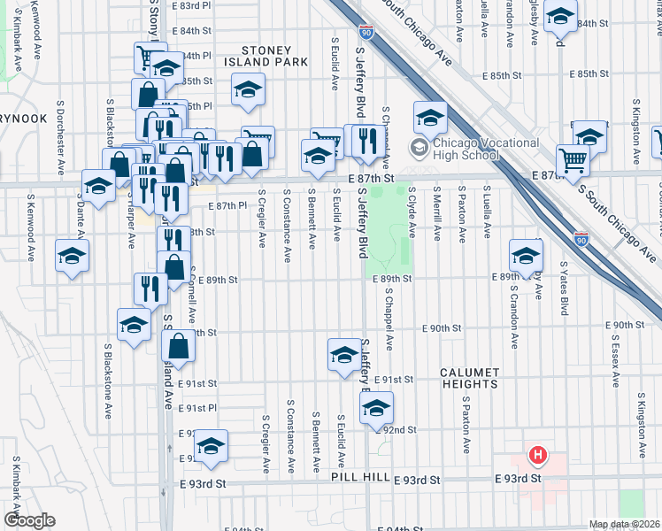 map of restaurants, bars, coffee shops, grocery stores, and more near 8819 South Bennett Avenue in Chicago