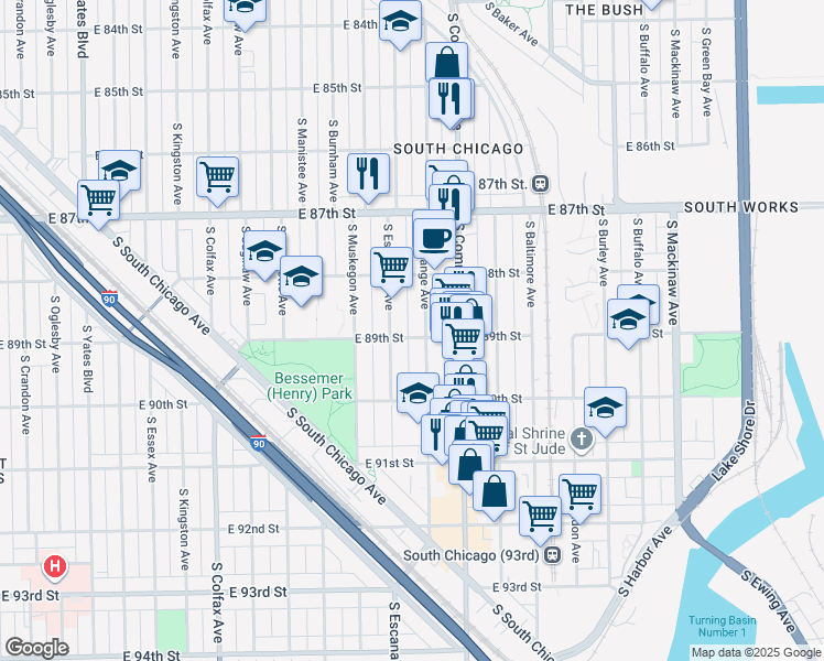 map of restaurants, bars, coffee shops, grocery stores, and more near 8856 South Exchange Avenue in Chicago