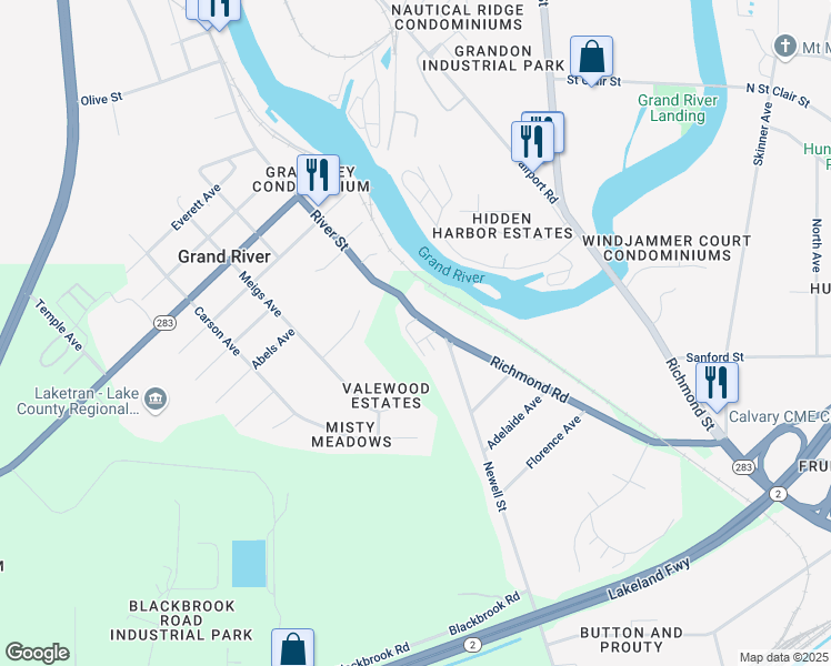 map of restaurants, bars, coffee shops, grocery stores, and more near 1057 Richmond Road in Painesville