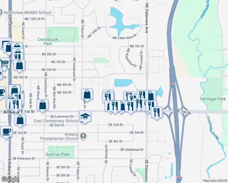 map of restaurants, bars, coffee shops, grocery stores, and more near 305 Northeast Hayes Drive in Ankeny