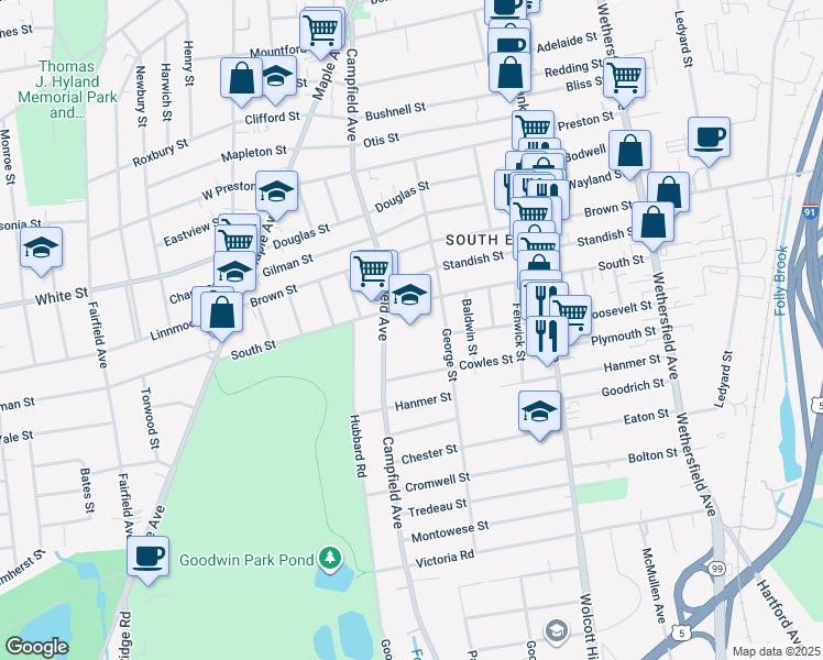 map of restaurants, bars, coffee shops, grocery stores, and more near 215 South Street in Hartford