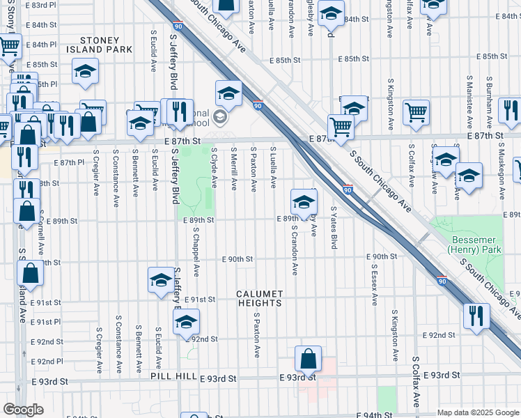 map of restaurants, bars, coffee shops, grocery stores, and more near 8847 South Paxton Avenue in Chicago