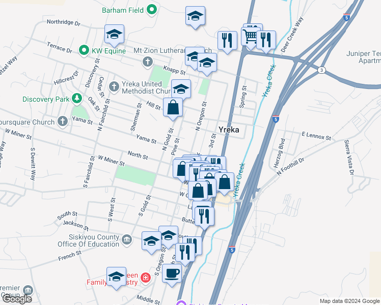 map of restaurants, bars, coffee shops, grocery stores, and more near 299 North Oregon Street in Yreka