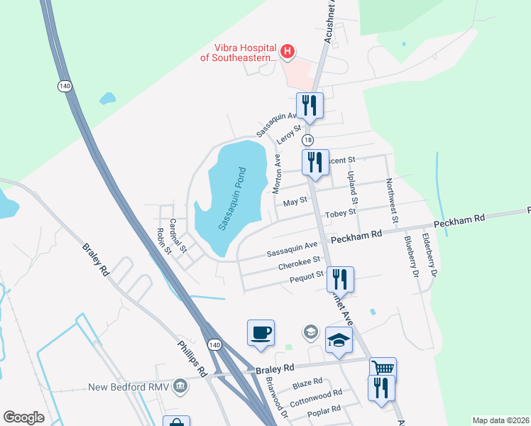 map of restaurants, bars, coffee shops, grocery stores, and more near 1453 Morton Avenue in New Bedford