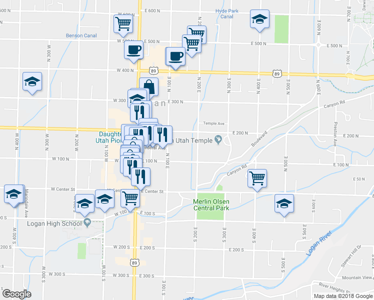 map of restaurants, bars, coffee shops, grocery stores, and more near 165 East 100 North in Logan