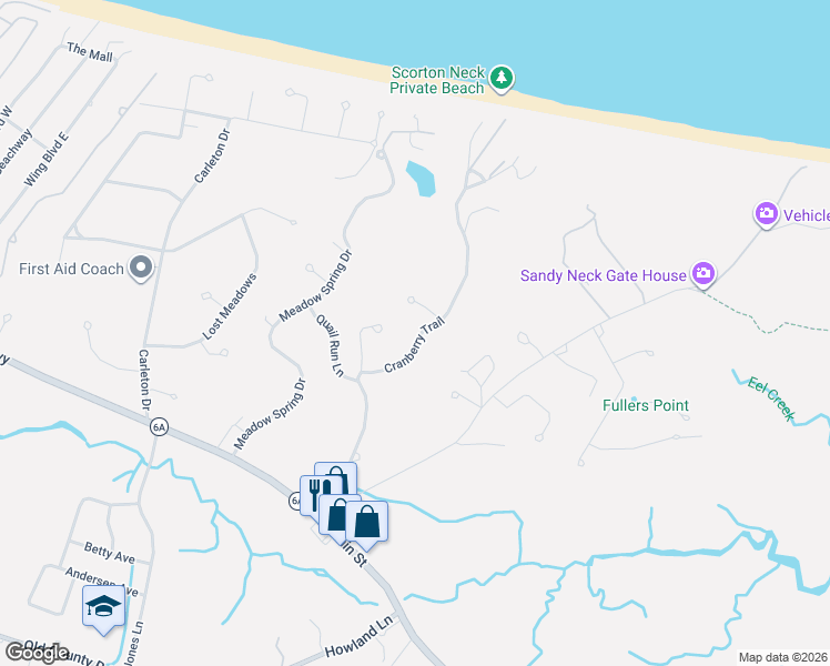 map of restaurants, bars, coffee shops, grocery stores, and more near 12 Windmill Bog Way in Sandwich