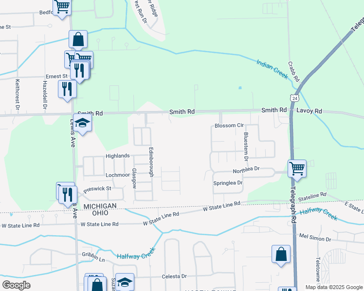 map of restaurants, bars, coffee shops, grocery stores, and more near 493 Smith Road in Temperance