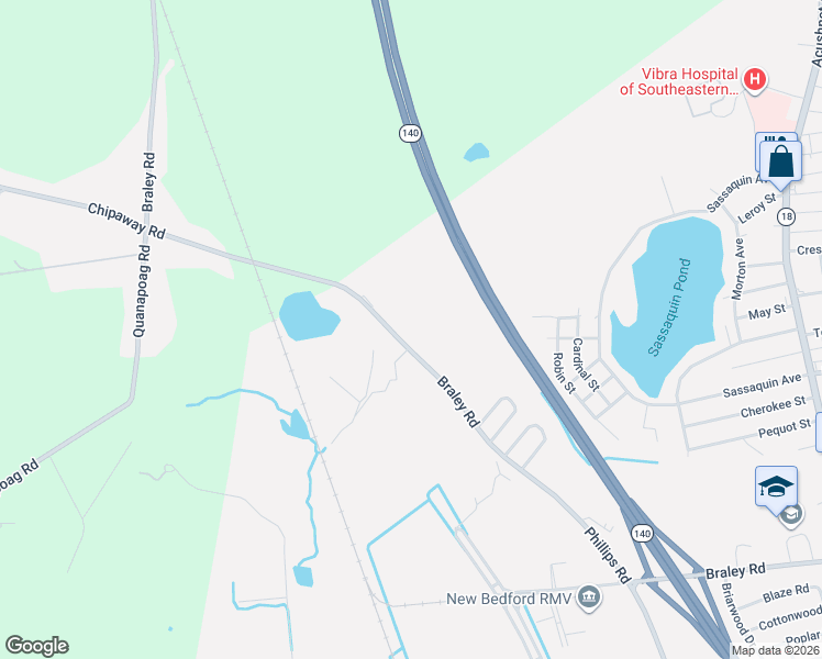 map of restaurants, bars, coffee shops, grocery stores, and more near 1573 Braley Road in New Bedford