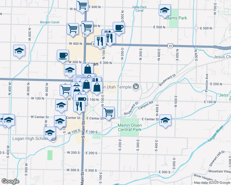 map of restaurants, bars, coffee shops, grocery stores, and more near 150 East 200 North in Logan