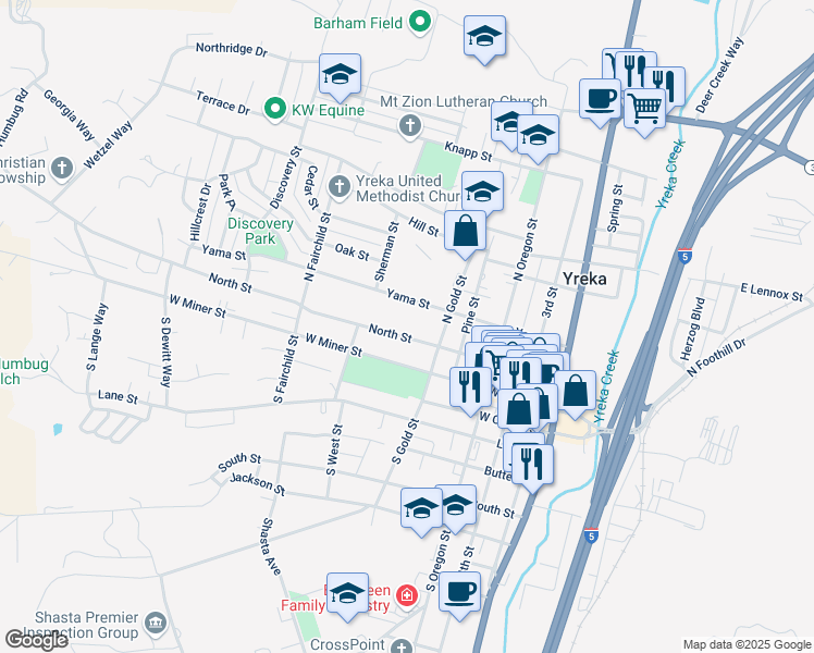map of restaurants, bars, coffee shops, grocery stores, and more near 633 Yama Street in Yreka
