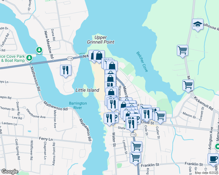 map of restaurants, bars, coffee shops, grocery stores, and more near 22 Bowen Street in Warren