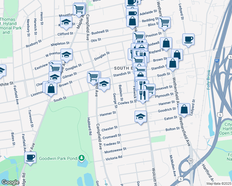 map of restaurants, bars, coffee shops, grocery stores, and more near 16 Baldwin Street in Hartford