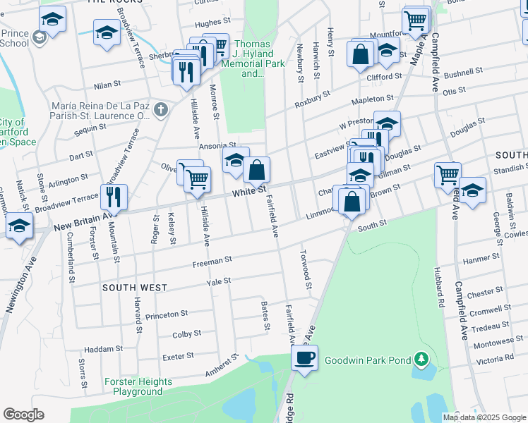 map of restaurants, bars, coffee shops, grocery stores, and more near 235 Fairfield Avenue in Hartford