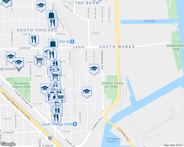 map of restaurants, bars, coffee shops, grocery stores, and more near 8836 South Buffalo Avenue in Chicago